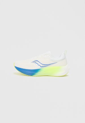Running shoe with a white mesh upper, blue gradient midsole, and bright green accents. Features textured sole and a rear pull tab.