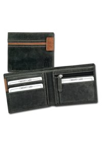Gray leather wallet with a smooth texture, features a brown accent, multiple card slots, and a zippered coin pocket inside.