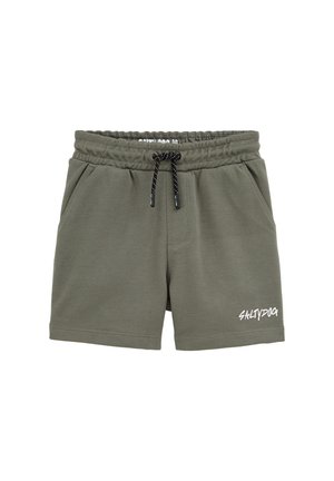 Shorts taille élastique vert olive avec cordon noir, poches latérales et texte blanc "SALTYDOG" sur la jambe gauche.
