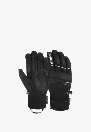 Schwarze Handschuhe aus Leder und Softshell-Material mit Stretchpassform. Zu den Merkmalen gehören ein strukturierter Griff und verstellbare Handgelenksriemen.