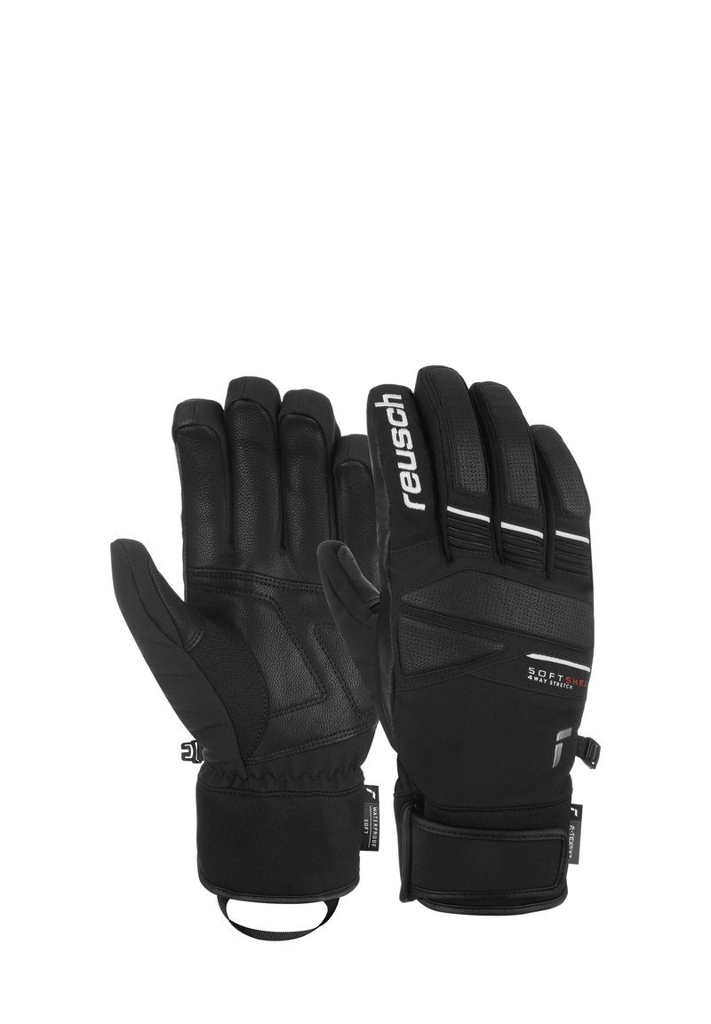 Black gloves made of leather and softshell material with a stretch fit. Features include a textured grip and adjustable wrist straps.