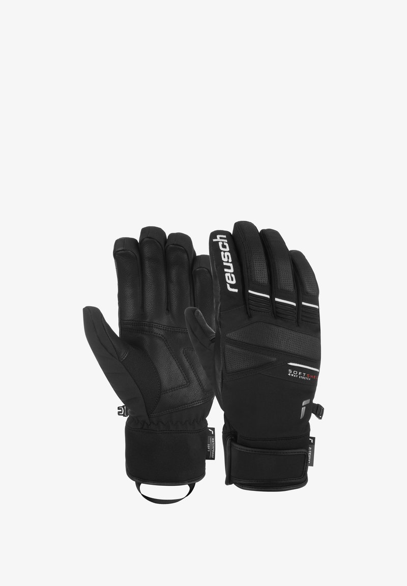Black gloves made of leather and softshell material with a stretch fit. Features include a textured grip and adjustable wrist straps.