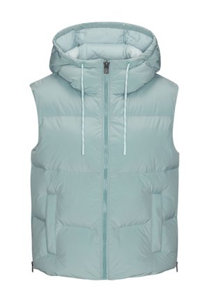 Hellblaue, gesteppte Weste mit Kapuze, Reißverschluss vorne, verstellbaren Kordeln und zwei Seitentaschen. Glatte Oberfläche, ärmellos.