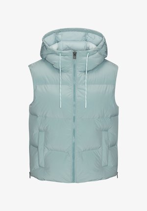 Hellblaue, gesteppte Weste mit Kapuze, Reißverschluss vorne, verstellbaren Kordeln und zwei Seitentaschen. Glatte Oberfläche, ärmellos.