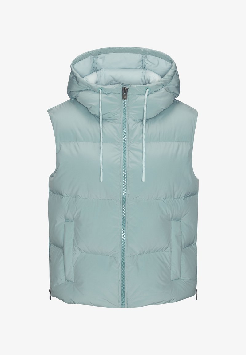 Hellblaue, gesteppte Weste mit Kapuze, Reißverschluss vorne, verstellbaren Kordeln und zwei Seitentaschen. Glatte Oberfläche, ärmellos.