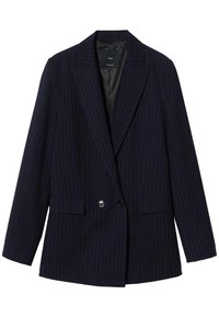 Námornický pruhovaný blazer, dvouřadý design, klopové límce, dvě přední kapsy, hladká textura látky, jemný lesk a černé knoflíky.