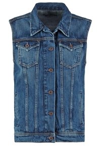 Niebieska jeansowa kamizelka bez rękawów z zapięciem na guziki z przodu, dwoma kieszeniami na klapie na piersi z guzikami oraz bocznymi kieszeniami, ozdobiona kontrastowymi przeszyciami.