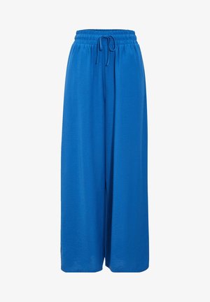 Pantalones de pierna ancha azul hechos de tela ligera con cintura elástica y cordón, con una textura suave y sin patrones visibles.