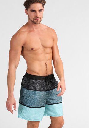 Men's swim shorts featuring a black and teal color block design, made from lightweight fabric with an elastic waistband and drawstring.
