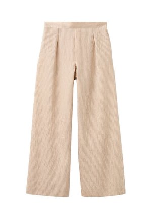 Pantalon beige à jambes larges avec fines rayures verticales, taille haute et plis sur le devant, présenté sur fond blanc.