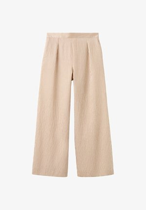 Pantalon beige à jambes larges avec fines rayures verticales, taille haute et plis sur le devant, présenté sur fond blanc.