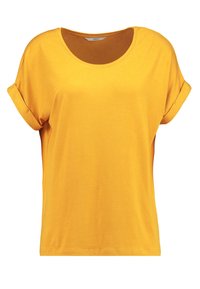 T-shirt giallo brillante a maniche corte con collo rotondo, vestibilità leggermente ampia, texture morbida e maniche arrotolate. Design minimalista, senza motivi o dettagli.