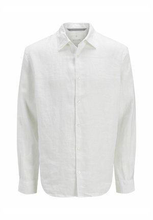 Valkoinen pellavapaidan nappikauluksella, pitkissä hihoissa, hienovaraisella tekstuurilla ja kaarevalla helmalla. Edessä valkoiset napit.