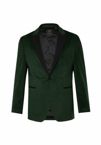 Blazer verde in velluto con rever in satin nero, chiusura a un bottone e due tasche frontali. Interno foderato con un delicato motivo decorativo.