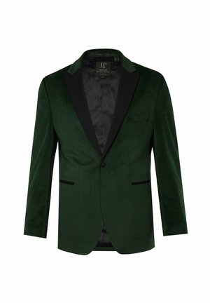 Blazer de terciopelo verde con solapas de satén negro, cierre de un botón y dos bolsillos frontales. Interior forrado con un detalle de patrón sutil.