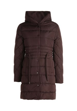 Veste rembourrée matelassée marron avec capuche, taille ajustable par cordon de serrage et fermetures à boutons. Présente une texture lisse et un motif de couture horizontal.