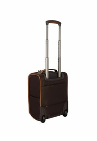 Valigia marrone con manico estraibile, accenti beige a contrasto, tessuto texture e quattro ruote nere per la mobilità.