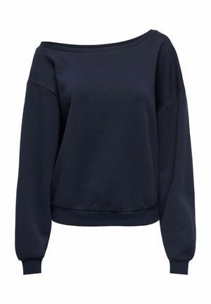 Marineblå off-shoulder langermet genser med ribbestrikkede mansjetter og kant, med en avslappet passform.