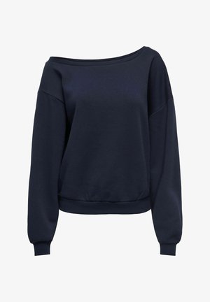 Sweat-shirt bleu marine à manches longues et épaules dénudées, avec poignets et ourlet côtelés, présentant une coupe décontractée.