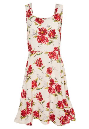 Robe crème sans manches avec motif floral rouge, taille cintrée et jupe évasée.