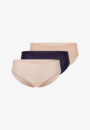 Drei Paar Damen-Slips in Hellbeige, Dunkelbeige und Marineblau. Glatter Stoff mit nahtlosem Design und mittlerer Abdeckung.