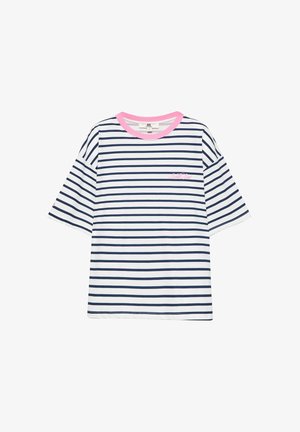 PULL&BEAR, STRIPED WITH EMBROIDERED DETAIL - T-SHIRT - Tričko s potlačou - dark blue