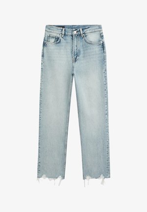 Lichtblauwe, rechte spijkerbroeken met hoge taille, rafelige zoom en klassiek ontwerp met vijf zakken.