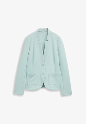 Blazer da donna azzurro chiaro con due bottoni frontali, due tasche applicate, maniche lunghe e colletto strutturato.