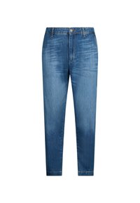 Jeans in denim blu chiaro, con design a gamba dritta, cinque tasche e chiusura con zip. Leggermente sbiaditi con una texture liscia.