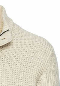 Strikket sweater i creme med et mønster, der har tekstur, med høj krave og en sort lynlås. Stoffet ser tykt og hyggeligt ud.