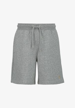 Shorts en coton gris avec une taille élastique et un cordon de serrage, dotés d'œillets en métal argenté et d'un petit patch logo sur le bas à gauche.
