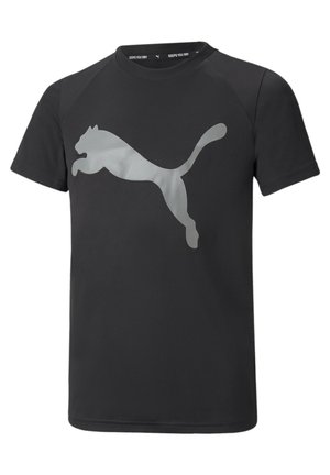 Camiseta deportiva negra de manga corta con un gran logo de puma plateado saltando en el pecho, cuello redondo con texto "Keeps You Dry" en el interior del cuello.