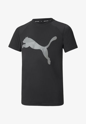 Zwart sportshirt met korte mouwen en een grote zilveren puma-logo die over de borst springt, ronde hals met de tekst "Keeps You Dry" aan de binnenkant van de kraag.