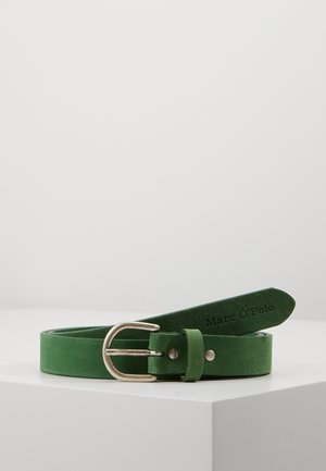 Green leather belt with silver metal buckle and Marc O'Polo brand name embossed near the tapered end, displayed coiled on a white surface.