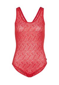 Rød badedragt med mønster af bølger, med rund halsudskæring og brede stropper, lavet af tekstureret, semi-transparent stof.