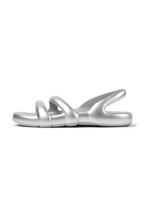 Silver slide sandal with a smooth, matte finish. Features three looping straps and a contoured sole for comfort. Minimalist design.