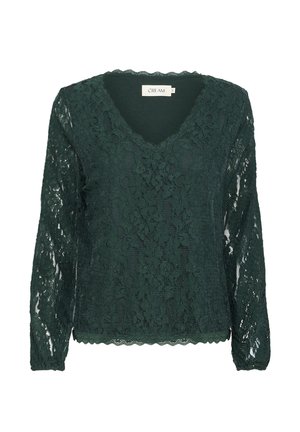 Zöld csipkefelsőrész hosszú ujjal, V-kivágással, fodros szegéllyel, virágmintával és puha béléssel. A címke felirata: "CREAM."