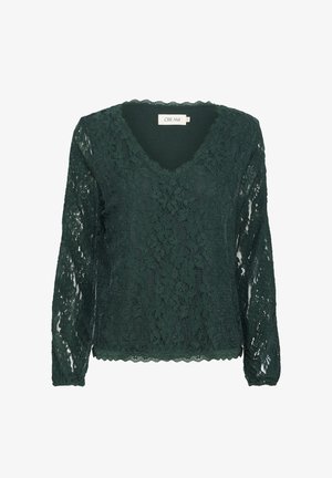 Grünes Spitzenoberteil mit langen Ärmeln, V-Ausschnitt, gewelltem Saum, floralem Muster und einer weichen Innenauskleidung. Das Etikett lautet "CREAM."