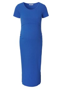 Blauwe aansluitende zwangerschapsjurk met korte mouwen, ronde halslijn en geplooide details aan de zijkanten. Glad, rekbaar materiaal met zijsplitten aan de zoom.