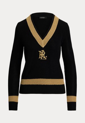 Maglione nero lavorato a maglia con un bordo dorato a V, caratterizzato da strisce orizzontali dorate all'orlo e ai polsini, e un logo dorato ricamato sul davanti.