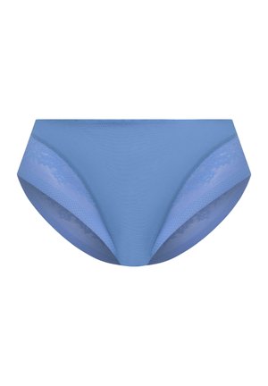 Light blue women's brief featuring a solid front with lace and patterned mesh side panels for added texture and detail.
