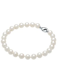 Collana di perle con perle di un colore cremoso uniforme e una texture liscia, infilate su un filo bianco, con un fermaglio in argento.