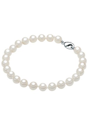 Pearl necklace featuring uniform cream-colored pearls with a smooth texture, strung on a white thread, and a silver clasp.