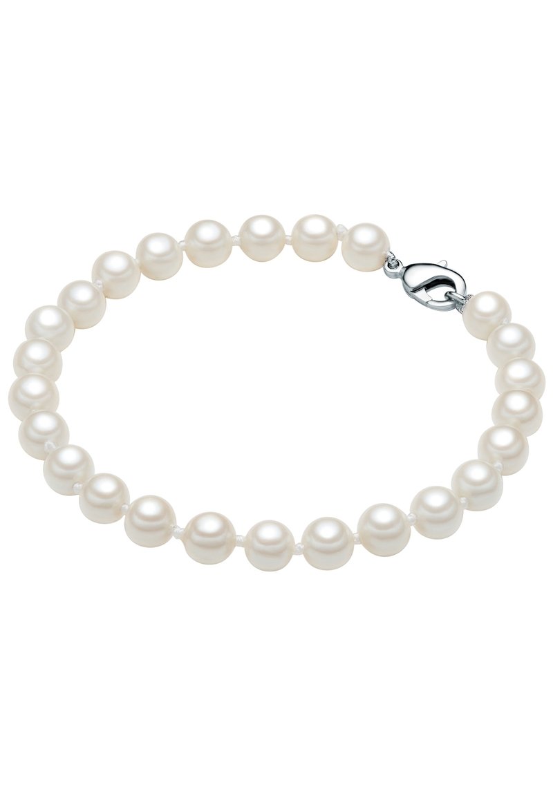 Collana di perle con perle di un colore cremoso uniforme e una texture liscia, infilate su un filo bianco, con un fermaglio in argento.