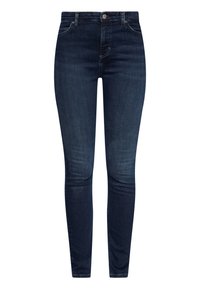 Jeans skinny in denim blu scuro, con cinque tasche, un design a vita alta e una finitura pulita senza decorazioni o rotture.