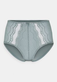 Fundo alto em verde menta com renda, painéis de malha, bordas onduladas, padrão quadriculado e um laço decorativo no centro da frente.