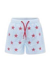 Pantaloni da bagno azzurri chiaro con ricami di stelle marine rosse, completati da un laccio rosso e una cintura elastica.
