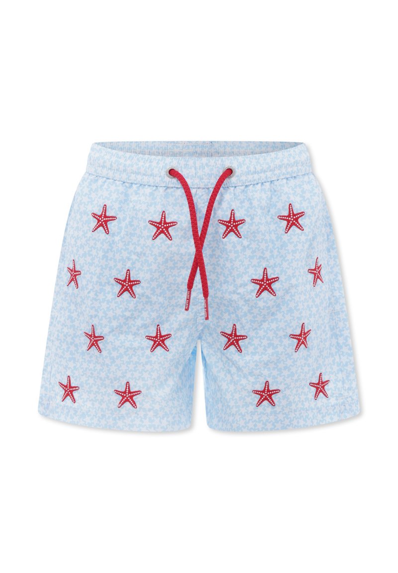 Pantaloni da bagno azzurri chiaro con ricami di stelle marine rosse, completati da un laccio rosso e una cintura elastica.