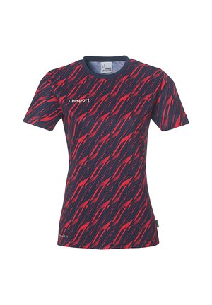 Rød og marineblå kortærmet atletisk skjorte med et diagonalt stribet mønster, der har en rund hals og letvægtsstof.