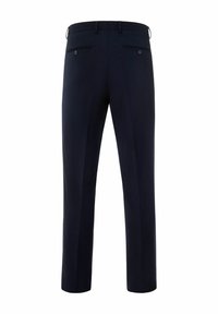 Marine kleurige nette broek van een gladde stof; heeft twee achterzakken met knopen en een recht model.